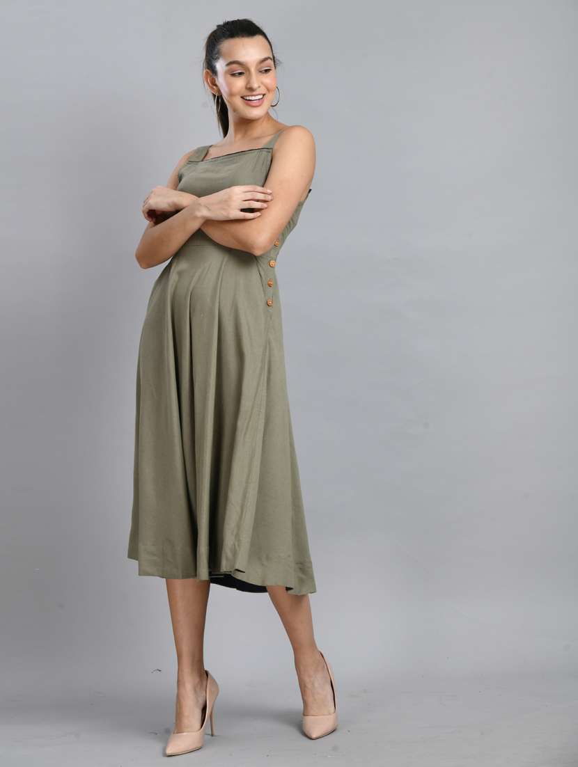 women olive solid sleeveless fit & flare dress - 21924980 - Standard Image - 5