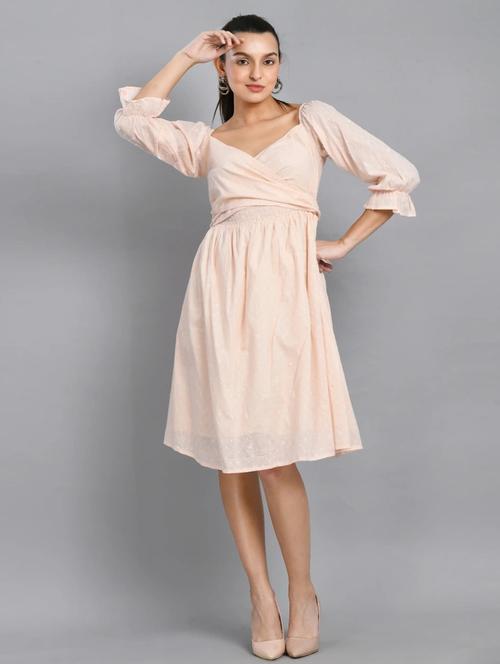 women peach solid puff sleeve fit & flare dress - 21924982 -  Standard Image - 0