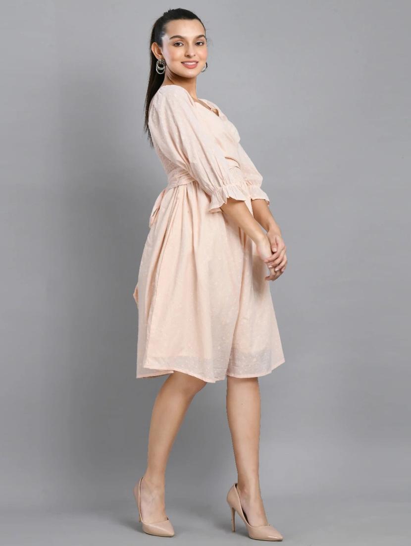 women peach solid puff sleeve fit & flare dress - 21924982 - Standard Image - 3