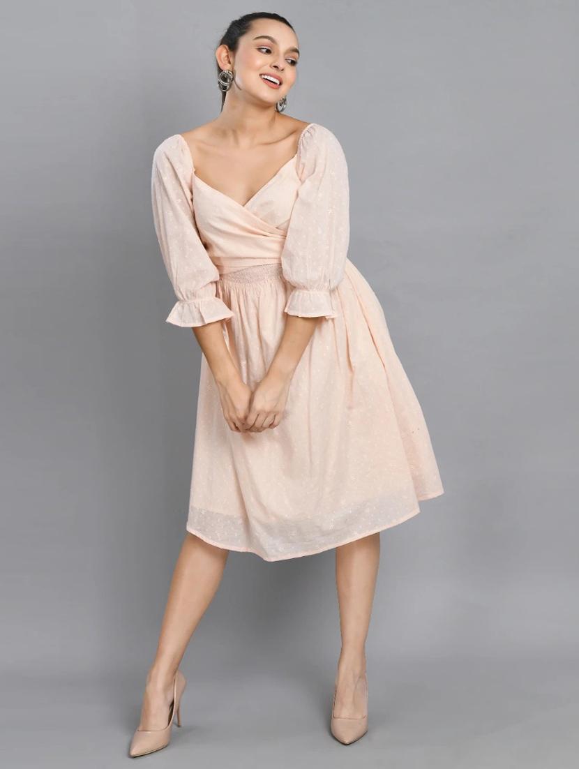 women peach solid puff sleeve fit & flare dress - 21924982 - Standard Image - 5
