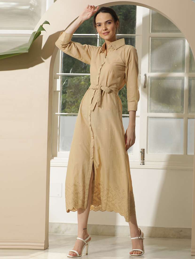 women beige three quarter sleeve a-line ethnic dress