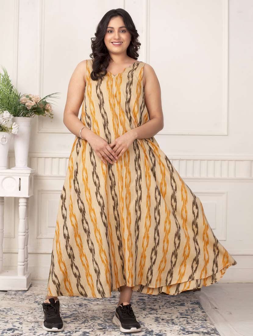 women ikat printed sleeveless a-line ethnic dress