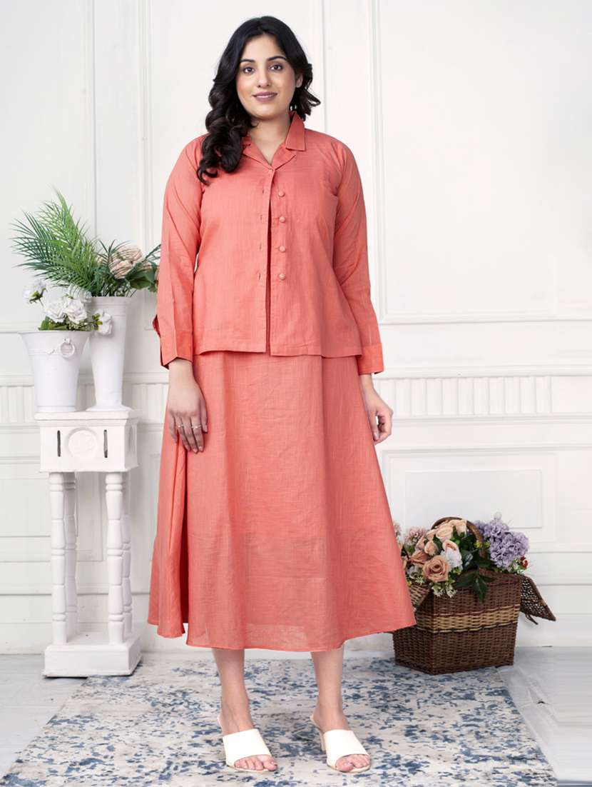 women peach solid shoulder strap ethnic dress