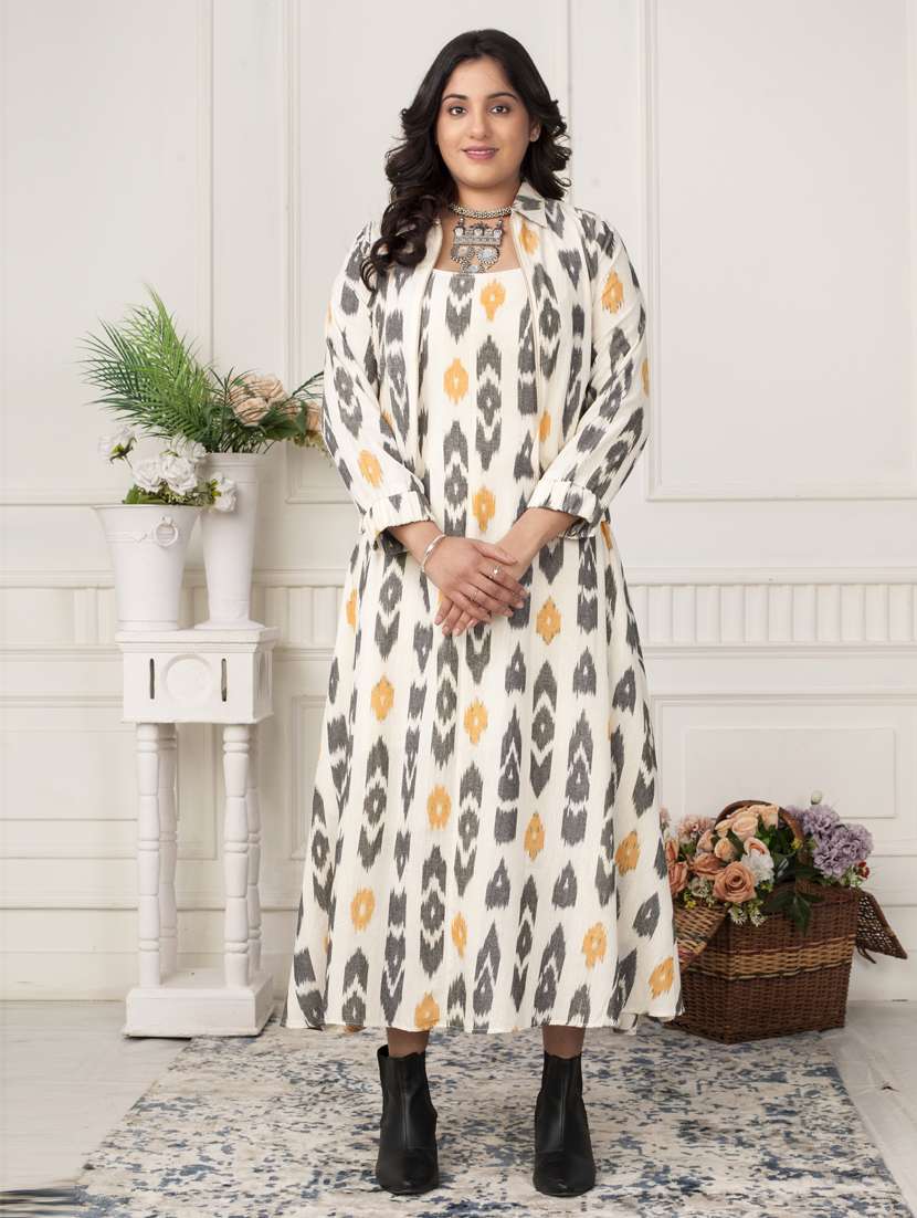 women off white ikat print long sleeve ethnic dress - 21924993 - Zoom Image - 0