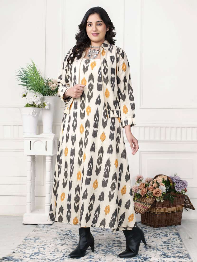 women off white ikat print long sleeve ethnic dress - 21924993 - Standard Image - 3
