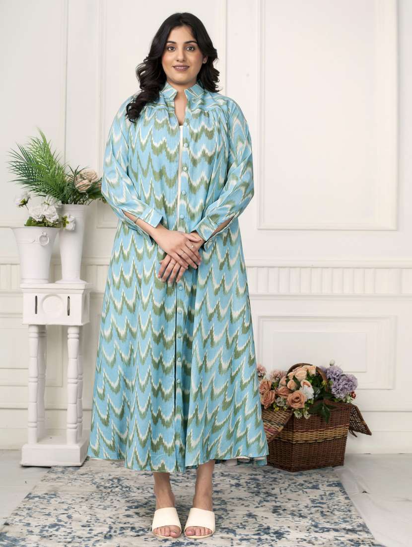 women light blue ikat print long sleeve ethnic dress