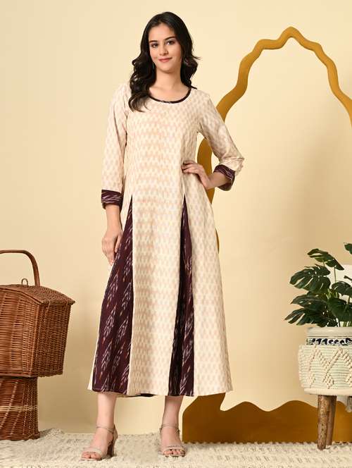 women cream ikat print long sleeve ethnic dress - 21924997 - Standard Image - 0