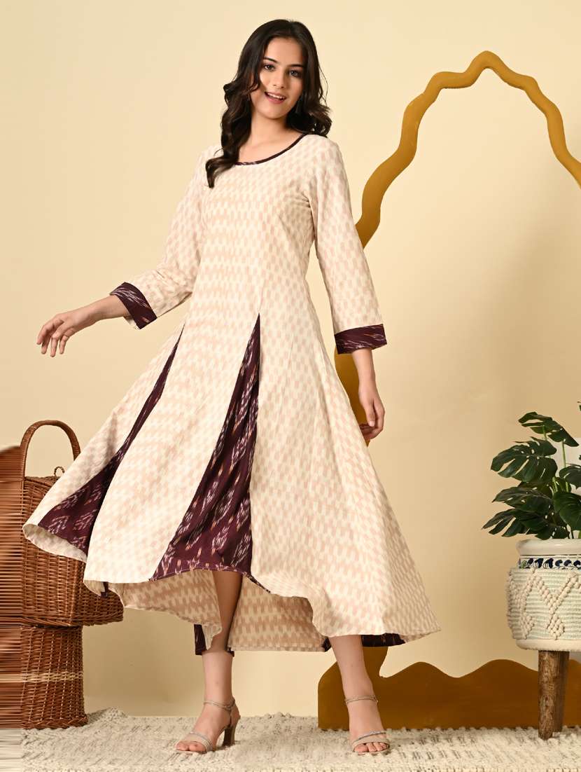 women cream ikat print long sleeve ethnic dress - 21924997 - Standard Image - 3
