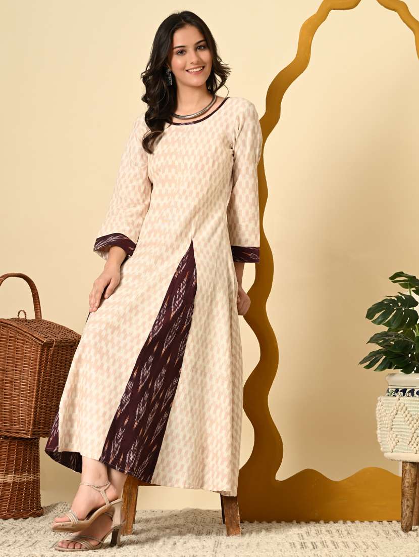 women cream ikat print long sleeve ethnic dress - 21924997 - Standard Image - 5