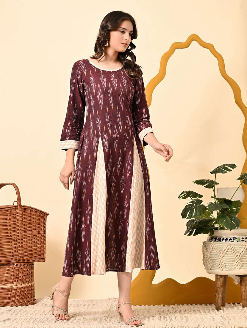 women maroon ikat print round neck a-line ethnic dress - 21924998 -  Standard Image - 5