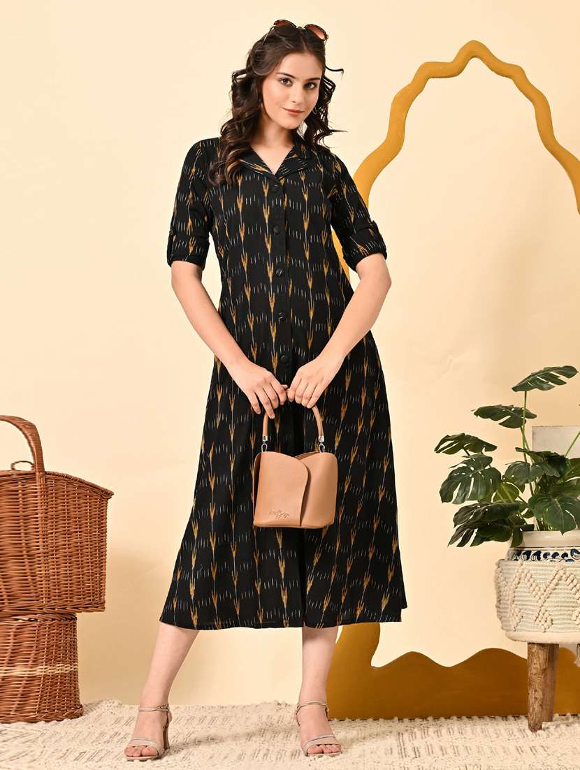 women ikat print roll up sleeve a-line ethnic dress - 21924999 - Zoom Image - 0