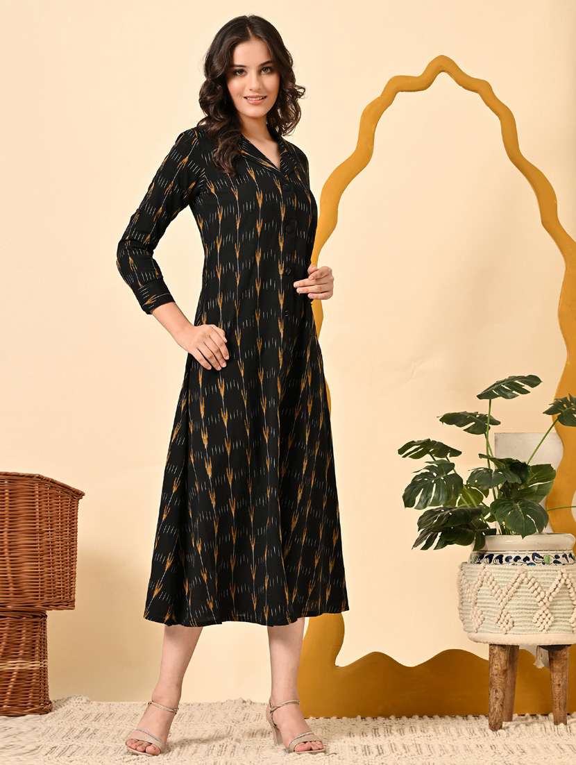 women ikat print roll up sleeve a-line ethnic dress - 21924999 - Standard Image - 3