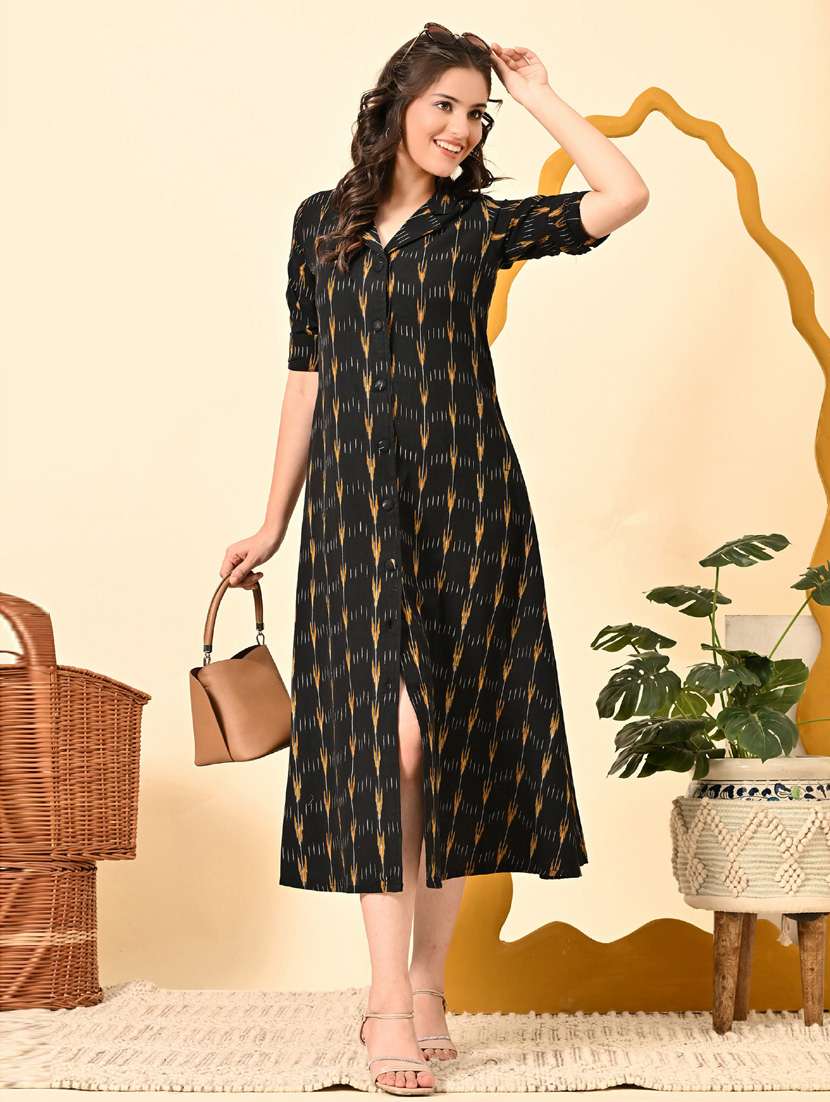 women ikat print roll up sleeve a-line ethnic dress - 21924999 - Standard Image - 5