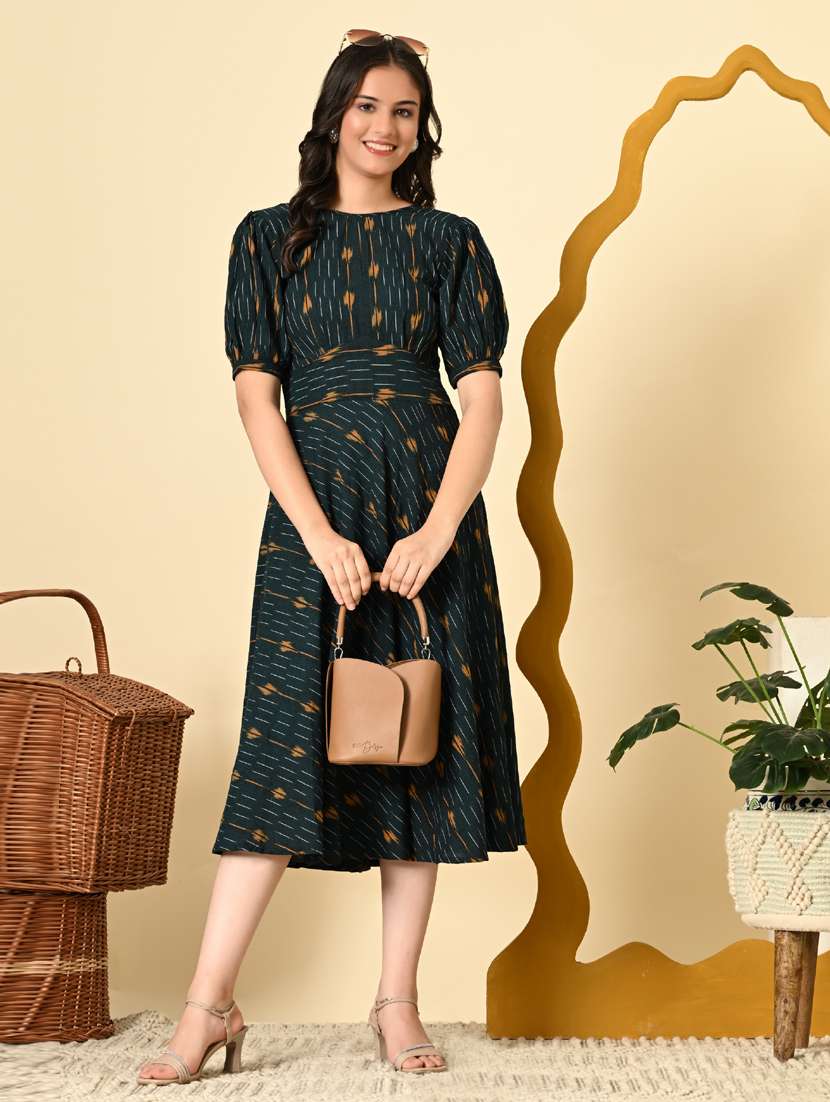 women ikat print puff sleeve fit & flare ethnic dress