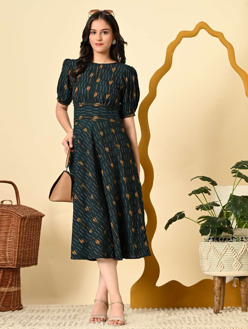 women ikat print puff sleeve fit & flare ethnic dress - 21925000 - Standard Image - 5