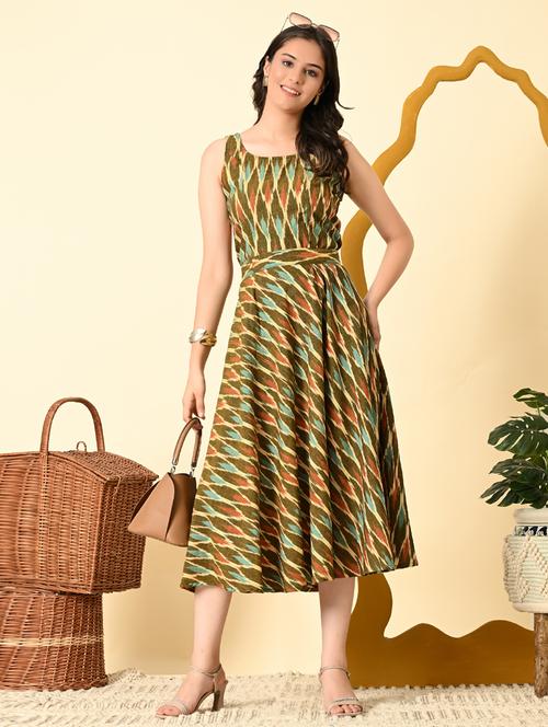 women olive ikat print sleeveless ethnic dress - 21925006 -  Standard Image - 0
