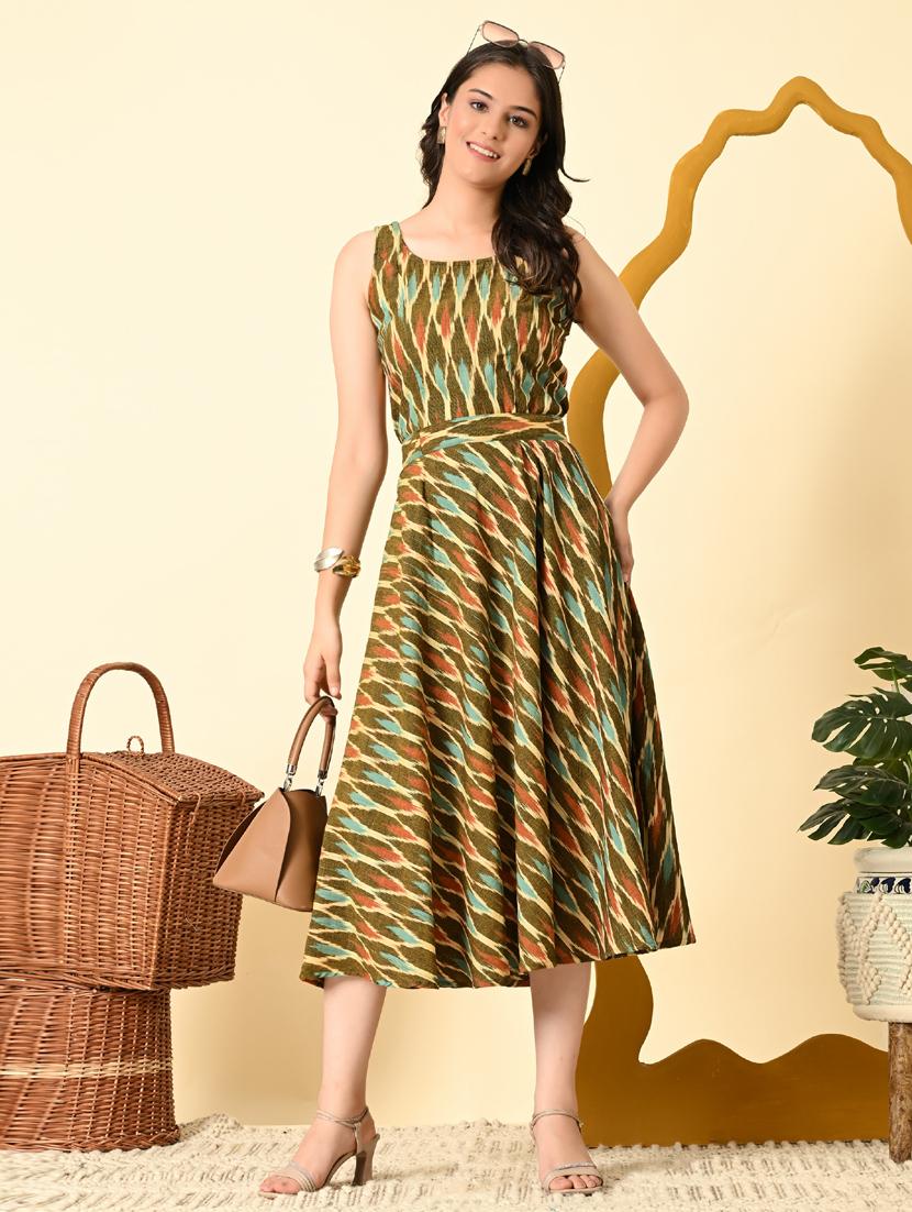 women olive ikat print sleeveless ethnic dress - 21925006 -  Zoom Image - 0