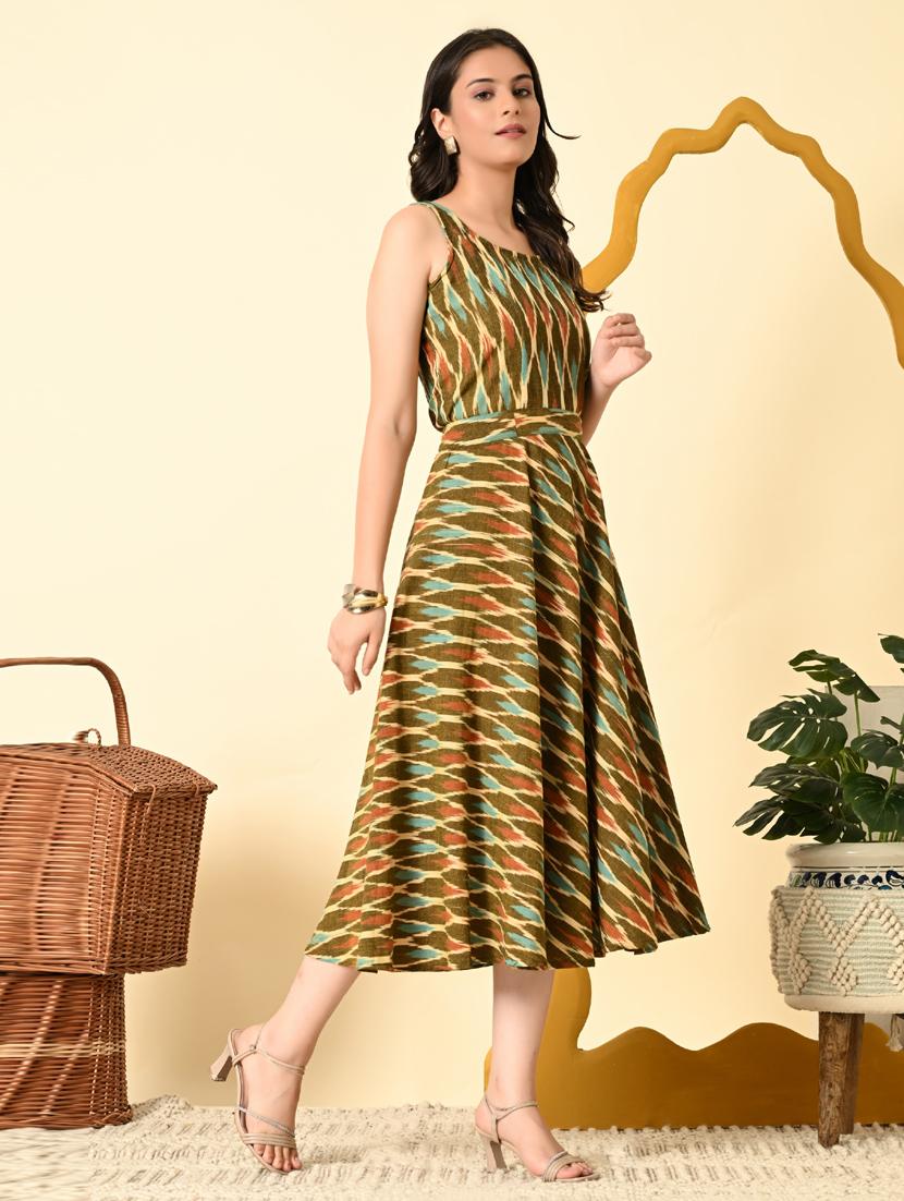 women olive ikat print sleeveless ethnic dress - 21925006 - Standard Image - 3