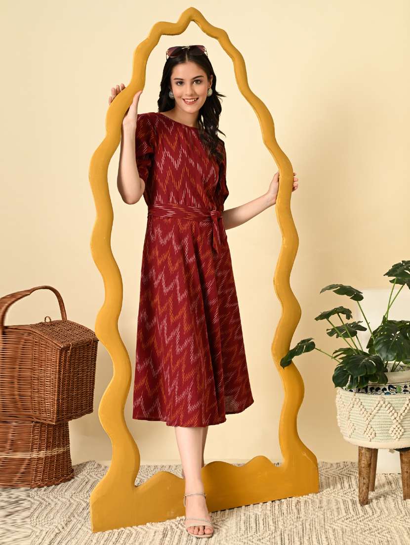 women maroon ikat print puff sleeve ethnic dress