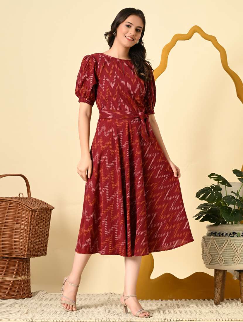 women maroon ikat print puff sleeve ethnic dress - 21925008 -  Standard Image - 3