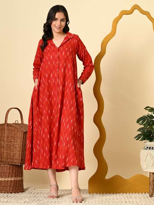 women ikat print long sleeve a-line ethnic dress - 21925009 - Standard Image - 0