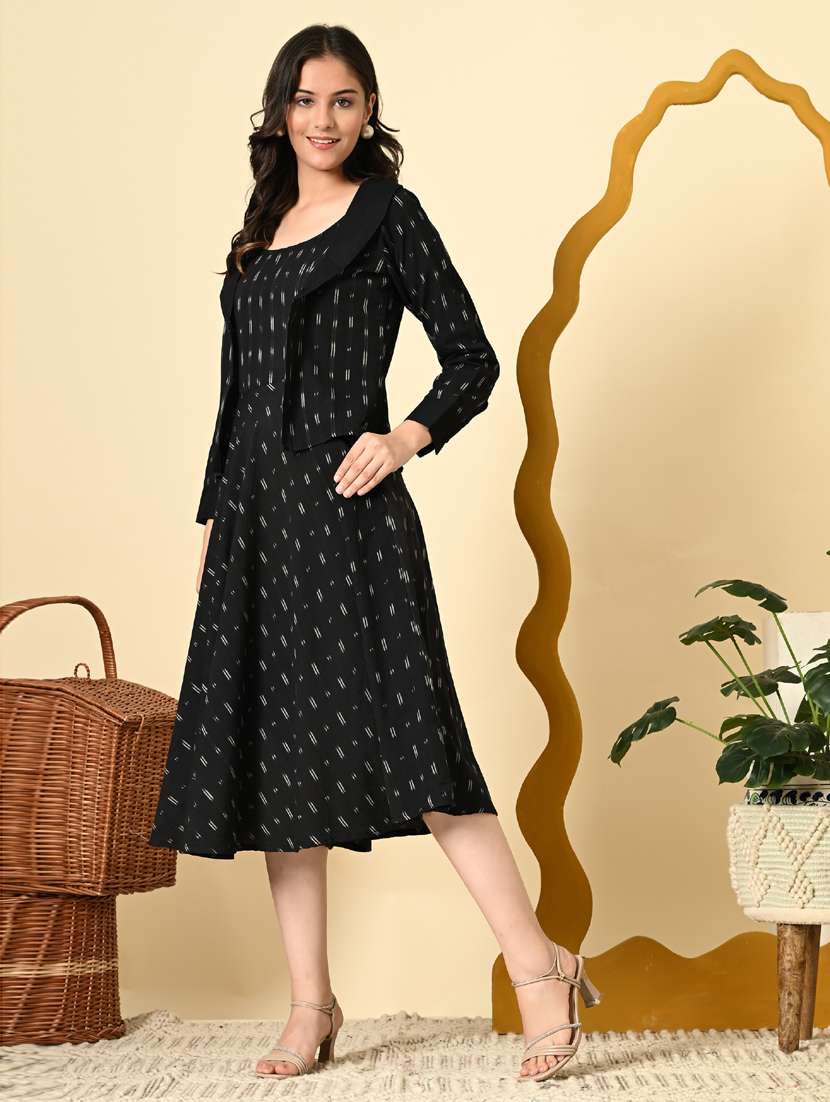 women black ikat print long sleeve ethnic dress