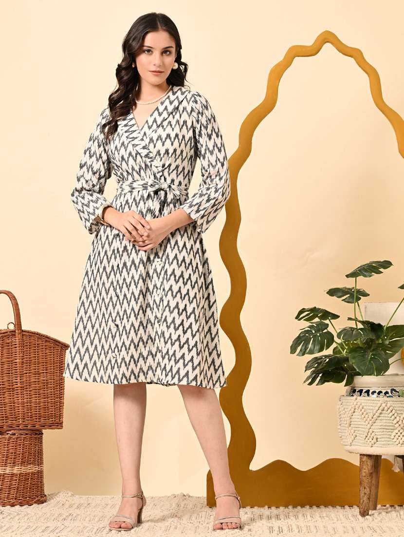 women ikat print three quarter sleeve ethnic dress - 21925011 - Zoom Image - 0