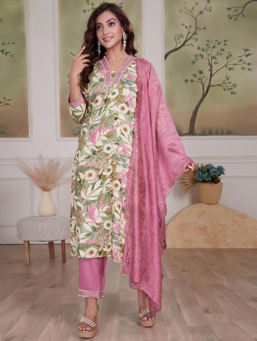 women three quarter sleeve kurta pant with dupatta set - 21925212 - Standard Image - 0