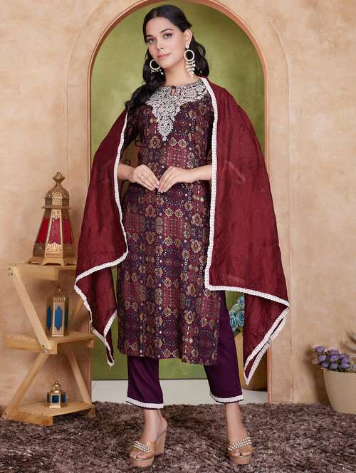 women three quarter sleeve kurta pant with dupatta set - 21925213 - Standard Image - 0