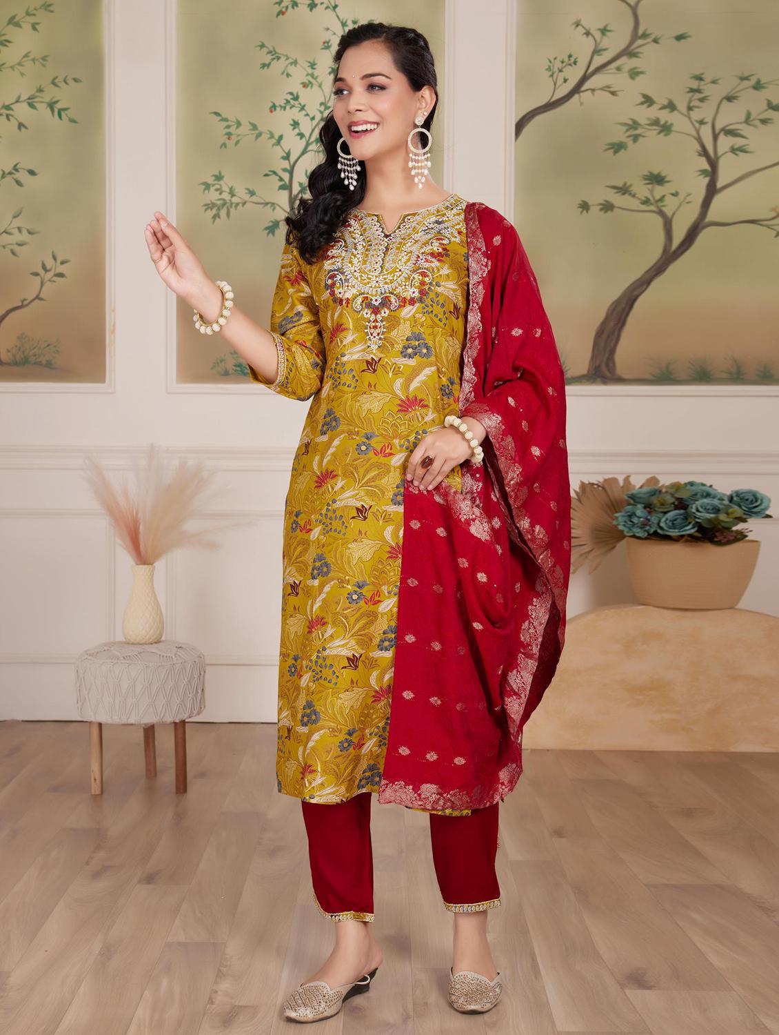 women three quarter sleeve kurta pant with dupatta set