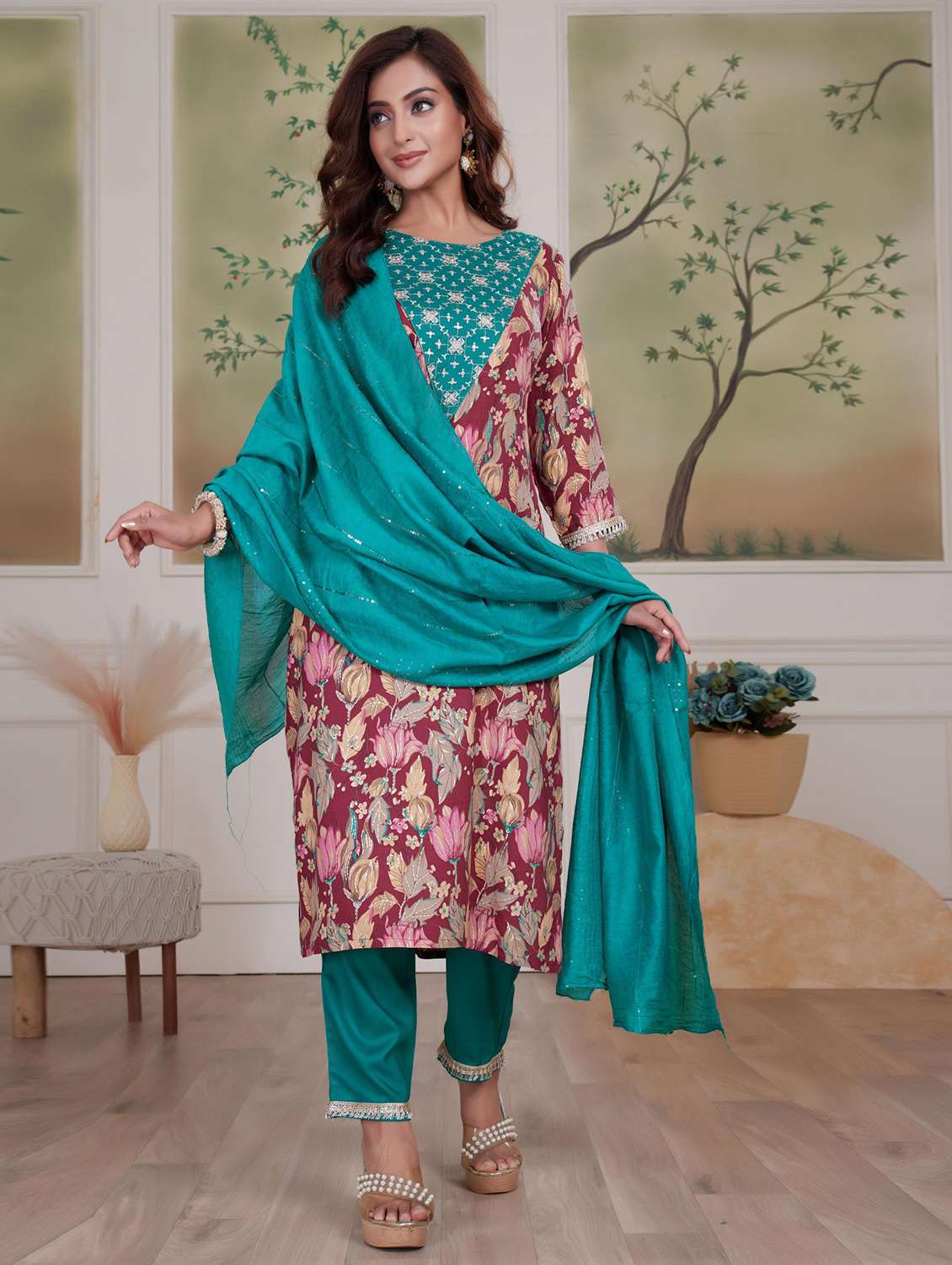 women three quarter sleeve kurta pant with dupatta set