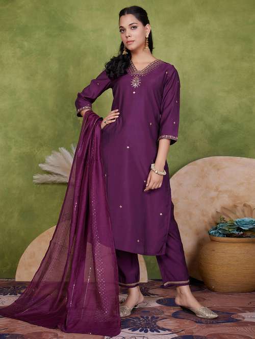 women three quarter sleeve kurta pant with dupatta set - 21925245 -  Standard Image - 0