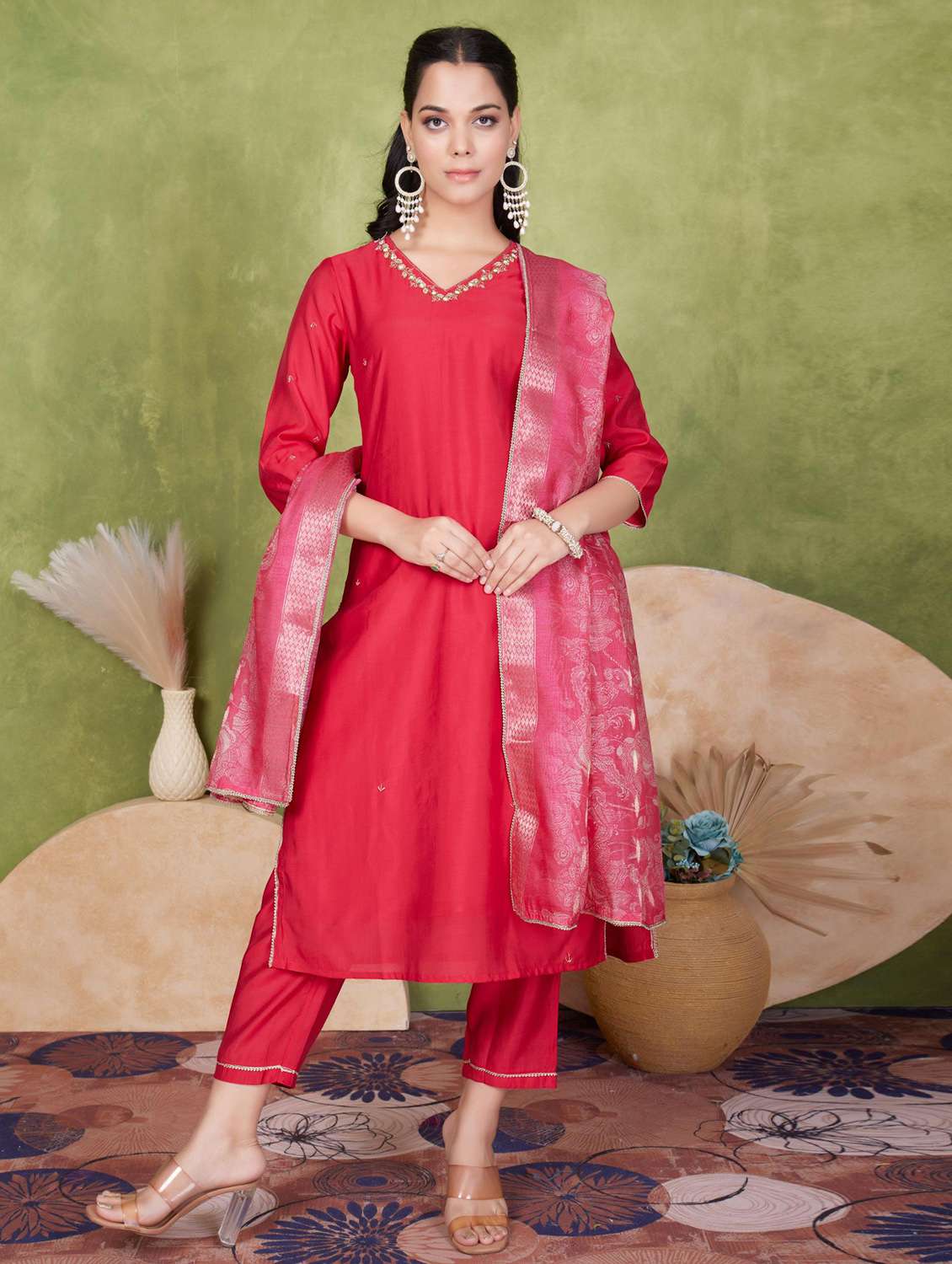 women three quarter sleeve kurta pant with dupatta set