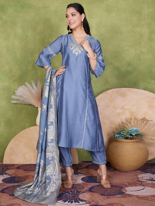 women three quarter sleeve kurta pant with dupatta set - 21925264 - Standard Image - 0