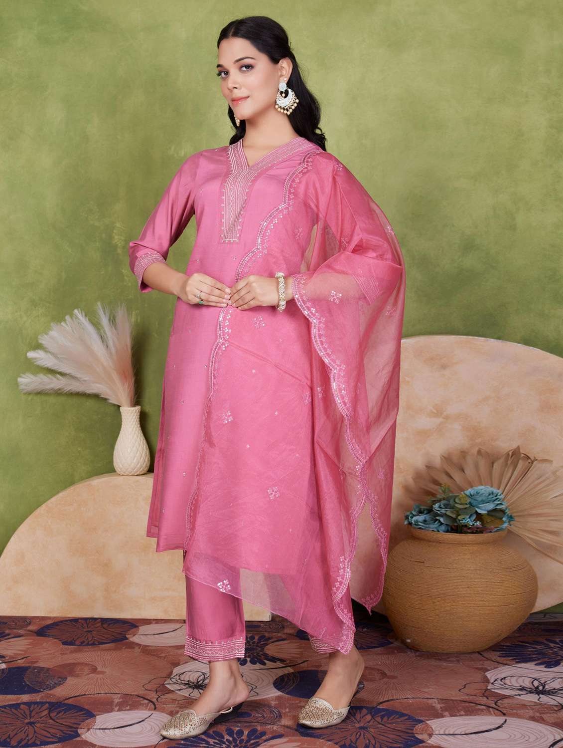 women three quarter sleeve kurta pant with dupatta set
