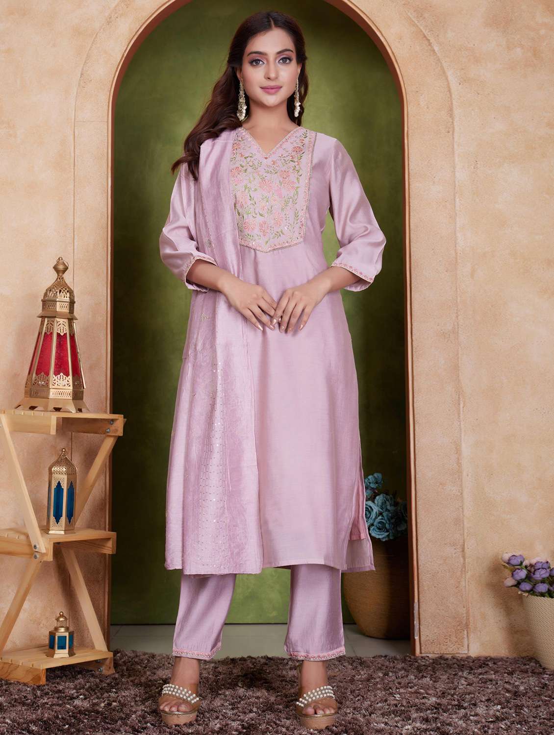 women three quarter sleeve kurta pant with dupatta set