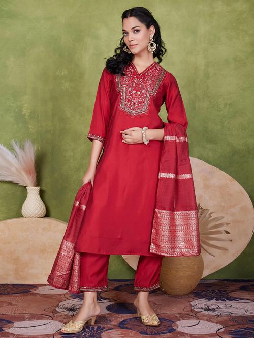 women three quarter sleeve kurta pant with dupatta set - 21925271 - Standard Image - 0