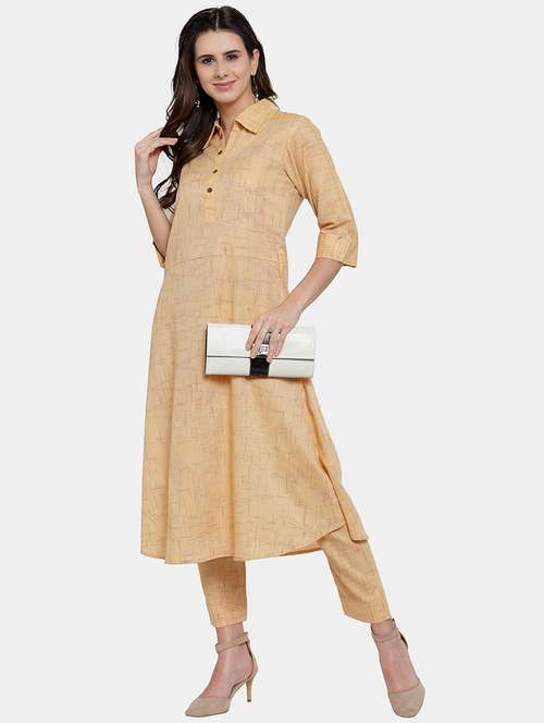 women melange three quarter sleeve kurta pant  set - 21925278 -  Standard Image - 0