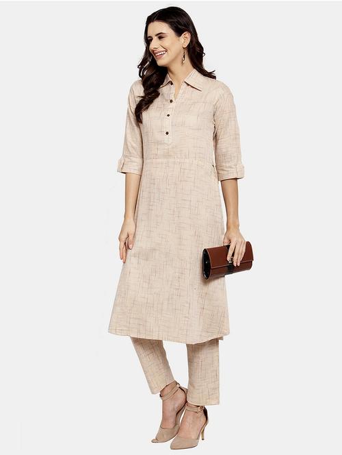 women melange three quarter sleeve kurta pant set - 21925279 - Standard Image - 0