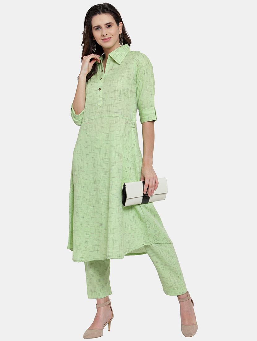 women melange three quarter sleeve kurta pant set - 21925281 - Zoom Image - 0