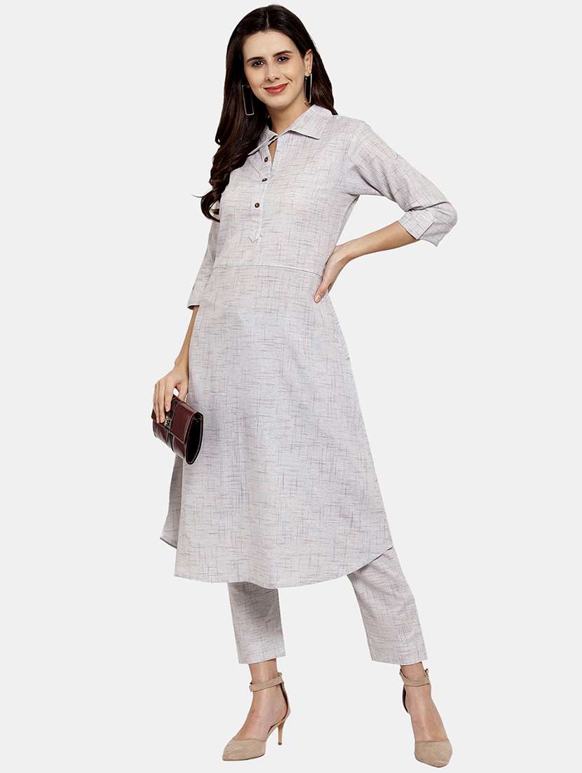 women melange three quarter sleeve kurta pant set - 21925282 - Zoom Image - 0