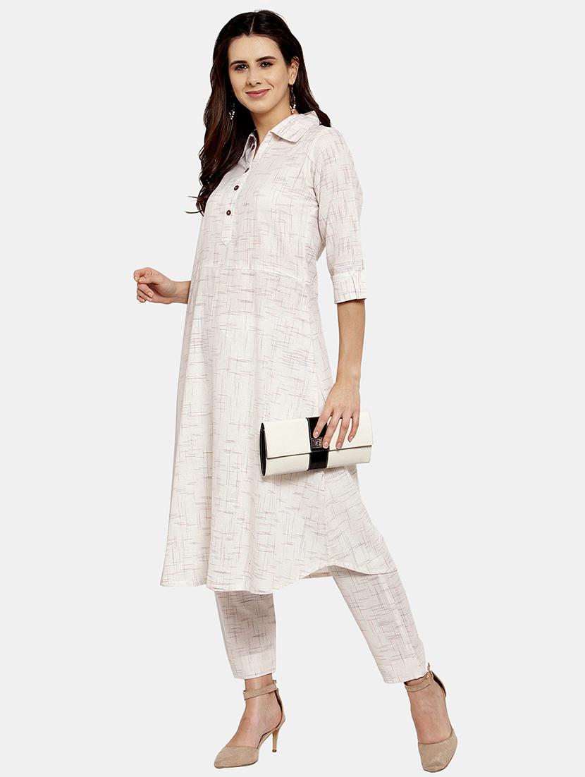women melange three quarter sleeve kurta pant set - 21925283 - Zoom Image - 0