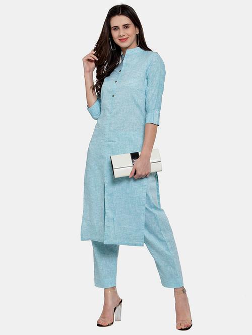 women solid three quarter sleeve kurta pant set - 21925289 - Standard Image - 0