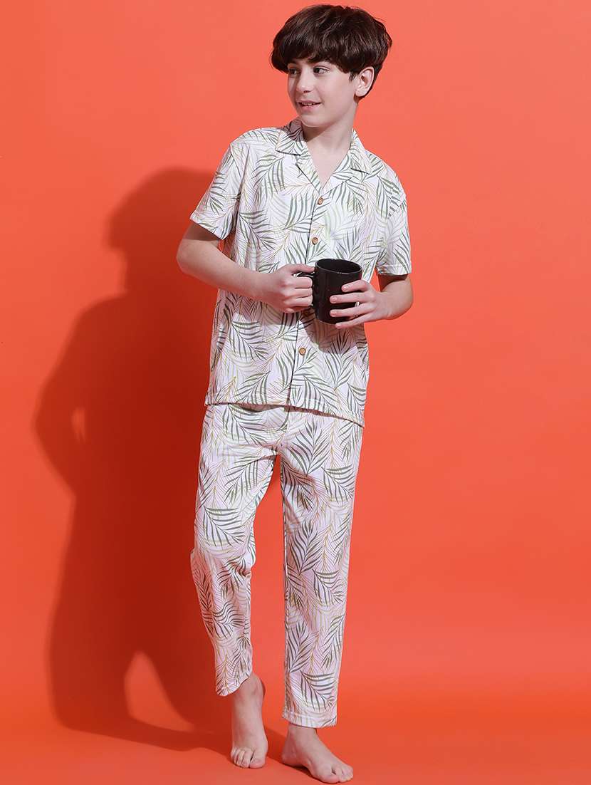 boys white printed cotton blend pyjama set