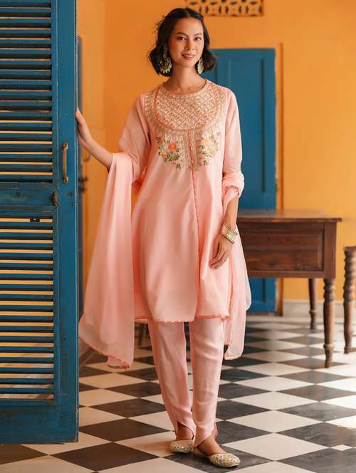 women three quarter sleeve anarkali kurta pant with dupatta set