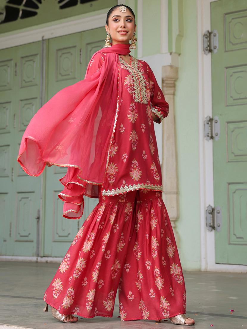 women three quarter sleeve kurta sharara with dupatta set - 21925644 - Standard Image - 3