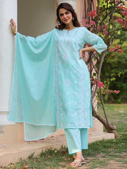 women three quarter sleeve kurta pant with dupatta set - 21925647 - Standard Image - 0