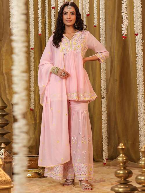 women three quarter sleeve kurta sharara with dupatta set - 21925677 -  Standard Image - 0