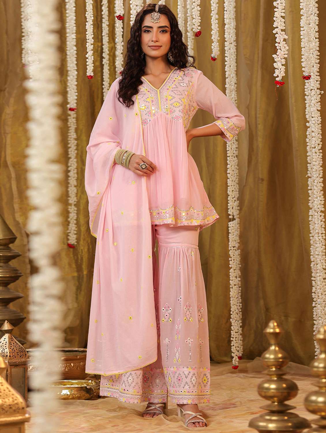 women three quarter sleeve kurta sharara with dupatta set - 21925677 -  Zoom Image - 0