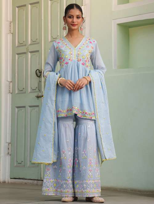 women three quarter sleeve kurta sharara with dupatta set - 21925678 -  Standard Image - 0